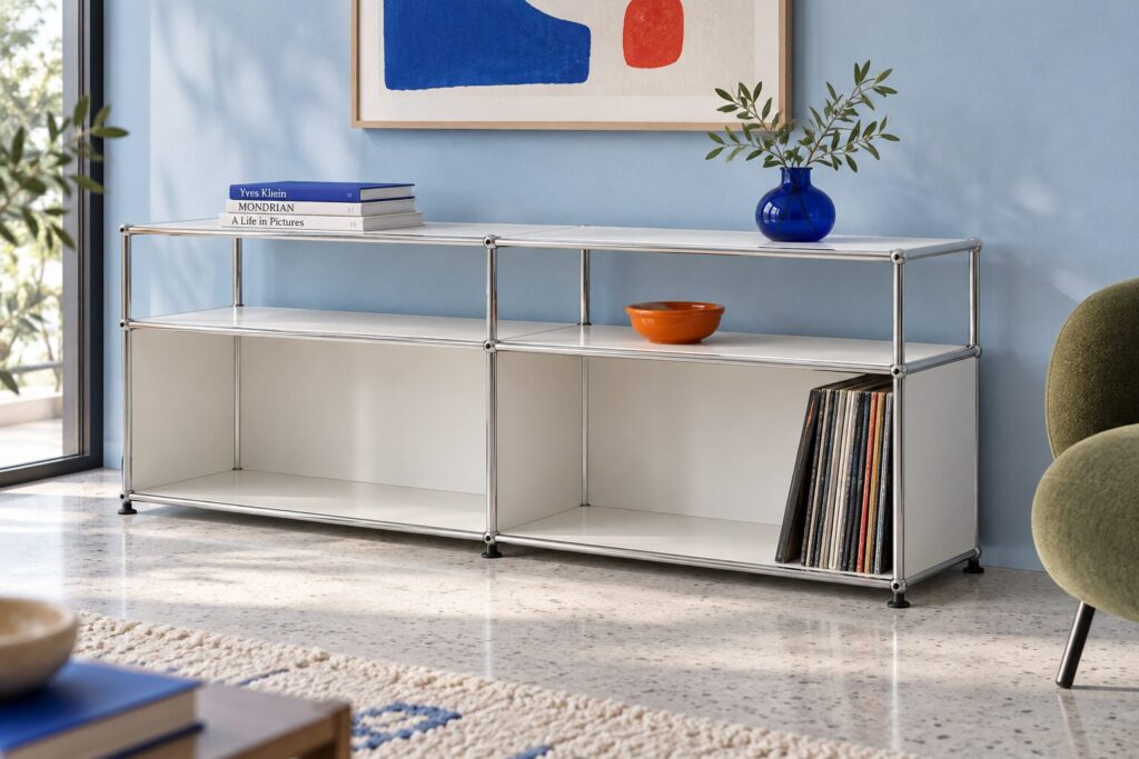 ST-202M Rack de TV Doble — Blanco Puro (RAL 9010) — En ambiente